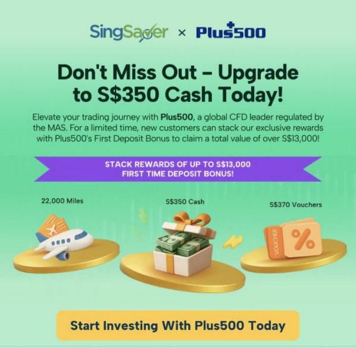 SingSaver × Plus500 offer, rendered from the same brand system